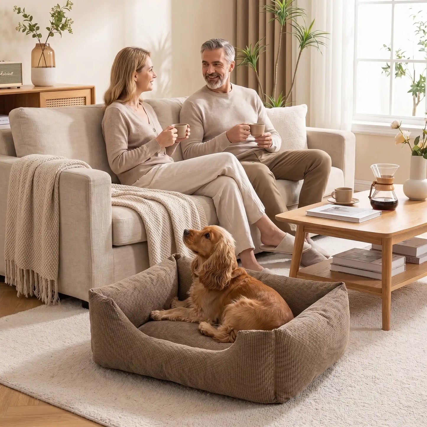 Panier- pour chien chiot entièrement déhoussable et lavable en machine, et 5 coussins ergonomiques 100% coton haute résilience à mémoire de forme, imperméable et antidérapant, avec rebords surélevés et housse  imperméable résistante aux griffes, intérieur en fausse fourrure de mouton hypoallergénique et ultra-doux, disponible en 3 tailles S, M et L pour chiot et chien de 0 à 60 kilos max-un chien de race moyenne couché confortablement dans son panier gris au pied du canapé de ses maitres dans le salon