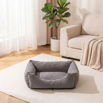 Panier- pour chien chiot entièrement déhoussable et lavable en machine, et 5 coussins ergonomiques 100% coton haute résilience à mémoire de forme, imperméable et antidérapant, avec rebords surélevés et housse  imperméable résistante aux griffes, intérieur en fausse fourrure de mouton hypoallergénique et ultra-doux, disponible en 3 tailles S, M et L pour chien de 0 à 60 kilos-gros plan sur le panier gris pour chiot et chien en velours doux et entièrement déhoussable, douillet rembourrage coton 