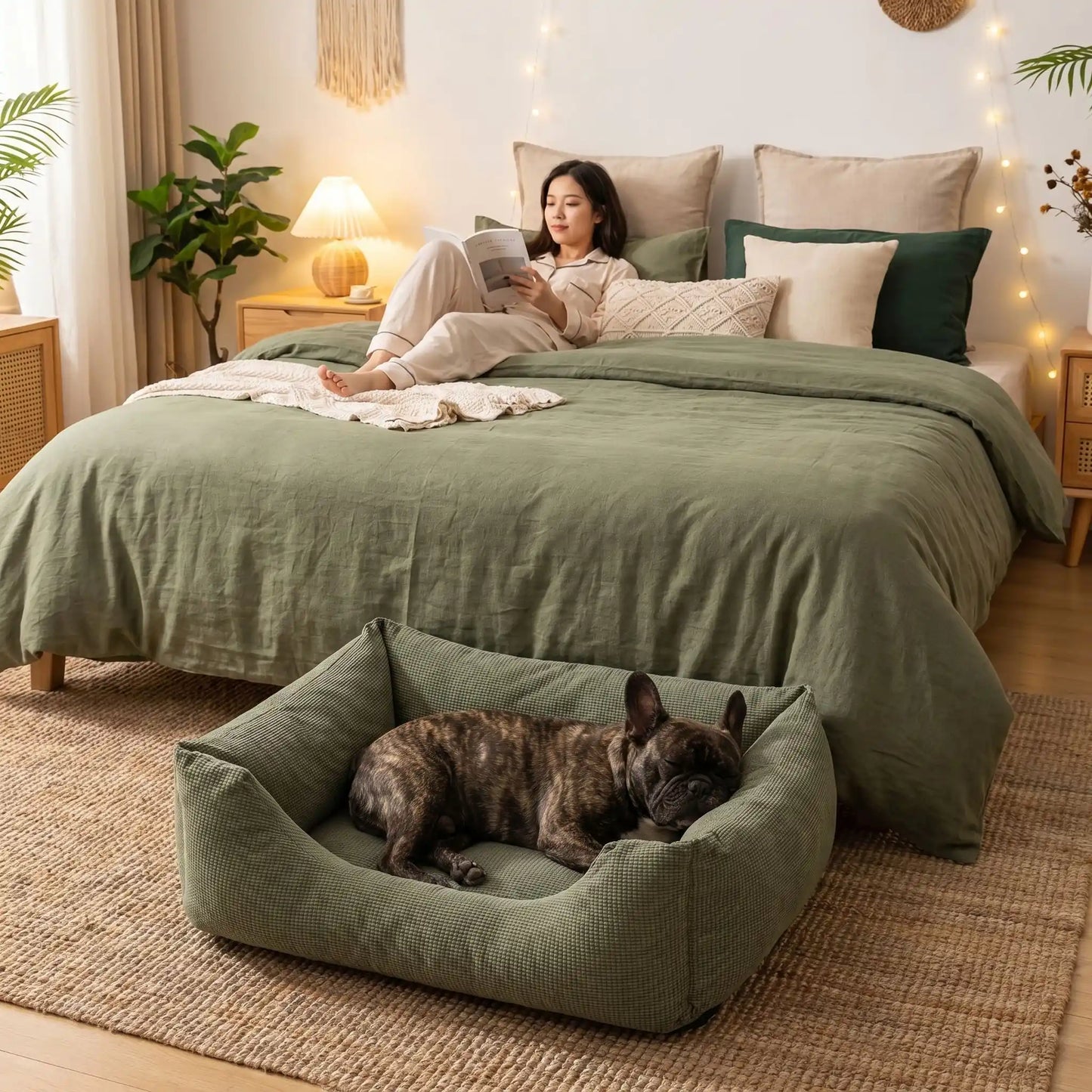 Panier- pour chien chiot entièrement déhoussable et lavable en machine, et 5 coussins ergonomiques 100% coton haute résilience à mémoire de forme, imperméable et antidérapant, avec rebords surélevés et housse  imperméable résistante aux griffes, intérieur en fausse fourrure de mouton hypoallergénique et ultra-doux, disponible en 3 tailles S, M et L pour chiot et chien de 0 à 60 kilos max-un Bouledogue français couché confortablement dans son panier vert au pied du lit de sa maitresse dans la chambre 