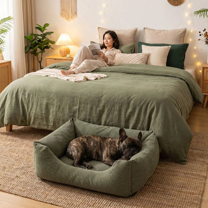 Panier- pour chien chiot entièrement déhoussable et lavable en machine, et 5 coussins ergonomiques 100% coton haute résilience à mémoire de forme, imperméable et antidérapant, avec rebords surélevés et housse  imperméable résistante aux griffes, intérieur en fausse fourrure de mouton hypoallergénique et ultra-doux, disponible en 3 tailles S, M et L pour chiot et chien de 0 à 60 kilos max-un Bouledogue français couché confortablement dans son panier vert au pied du lit de sa maitresse dans la chambre 