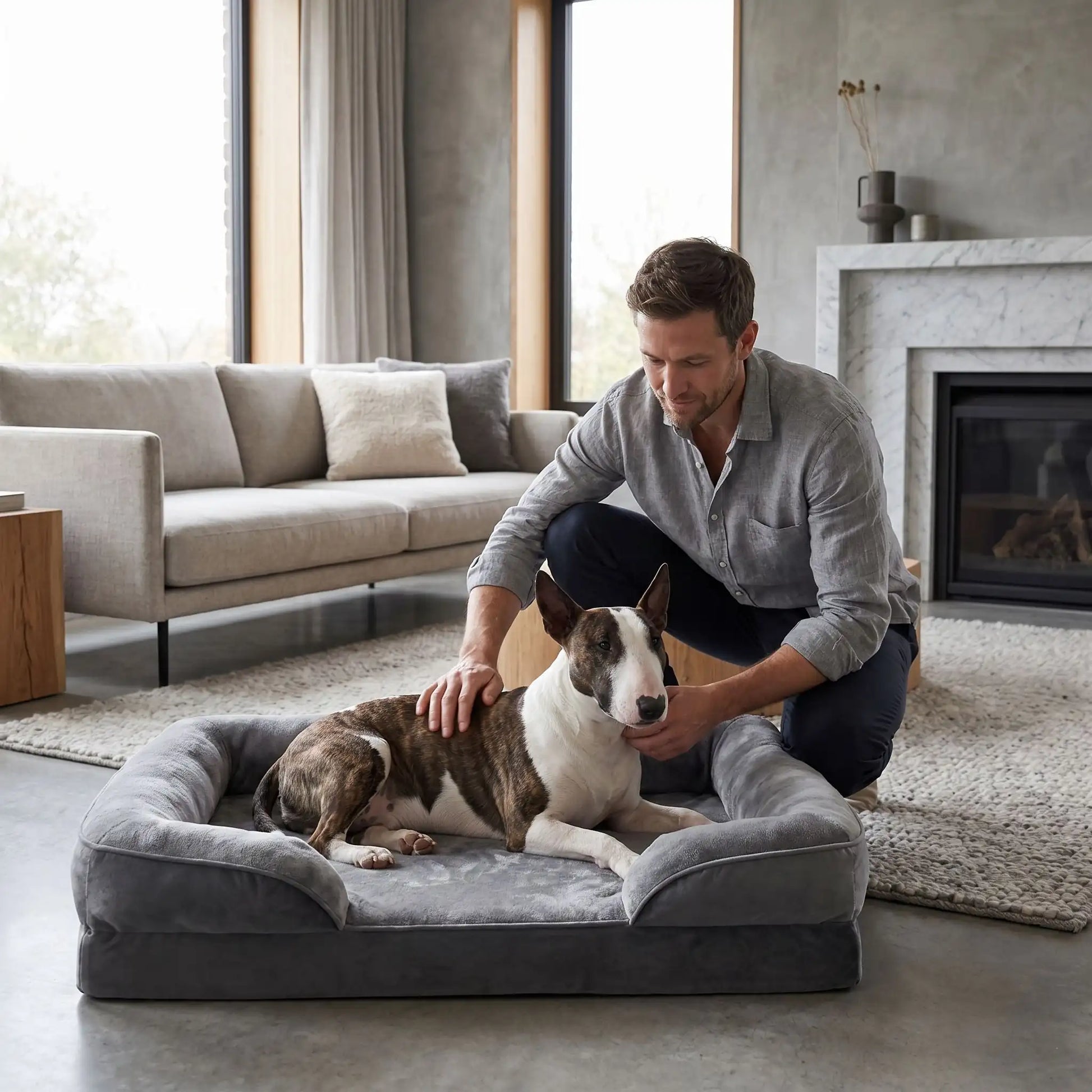 Panier orthopédique pour chien et chiot de petite à grande taille déhoussable et lavable, imperméable et antidérapant avec haut rebord rembourré avec matelas à mémoire de forme, housse en peluche douce et tissu résistant et imperméable, en 4 tailles M, L, XL et XXL pour chiot et chien de 0 à 45 kilos maximum-un maitre qui caresse son chien de race moyenne couché confortablement dans le panier design xxl confortable, épais,apaisant et entourant à 360° sécurisant et anti-stress en peluche douce 