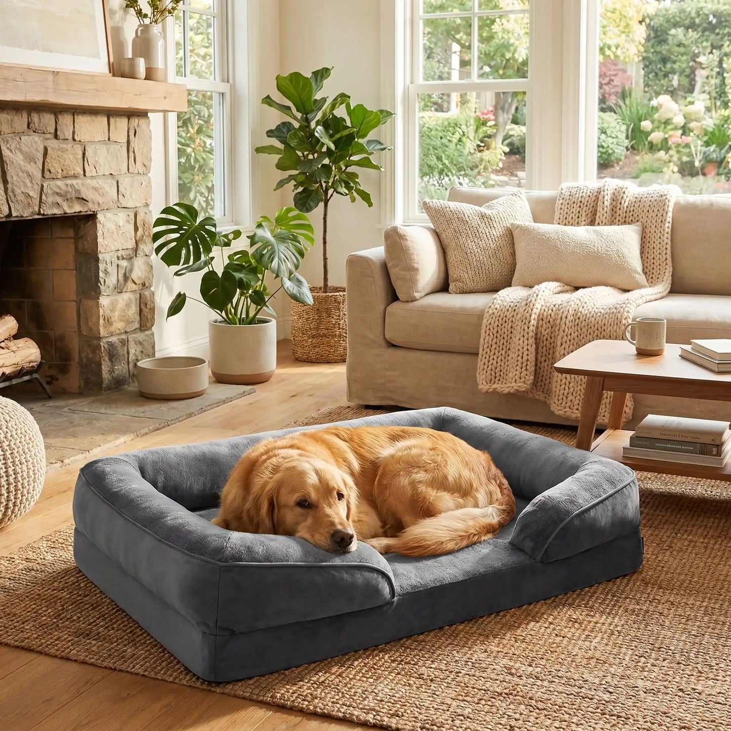 Panier orthopédique pour chien et chiot de petite à grande taille déhoussable et lavable, imperméable et antidérapant avec haut rebord rembourré avec matelas à mémoire de forme, housse en peluche douce et tissu résistant et imperméable, en 4 tailles M, L, XL et XXL pour chiot et chien de 0 à 45 kilos maximum-un grand chien qui dort confortablement dans le panier design xxl , épais,apaisant et entourant à 360° sécurisant et anti-stress en peluche douce hypoallergénique de couleur gris dans le salon 