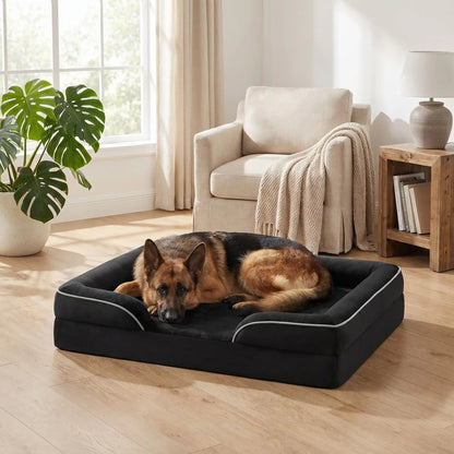 Panier orthopédique pour chien et chiot de petite à grande taille déhoussable et lavable, imperméable et antidérapant avec haut rebord rembourré avec matelas à mémoire de forme, housse en peluche douce et tissu résistant et imperméable, en 4 tailles M, L, XL et XXL pour chiot et chien de 0 à 45 kilos maximum-un grand chien qui se repose couché confortablement dans le panier xxl confortable, épais,apaisant et entourant à 360° sécurisant de couleur noir et liseret blanc dans le salon de la maison