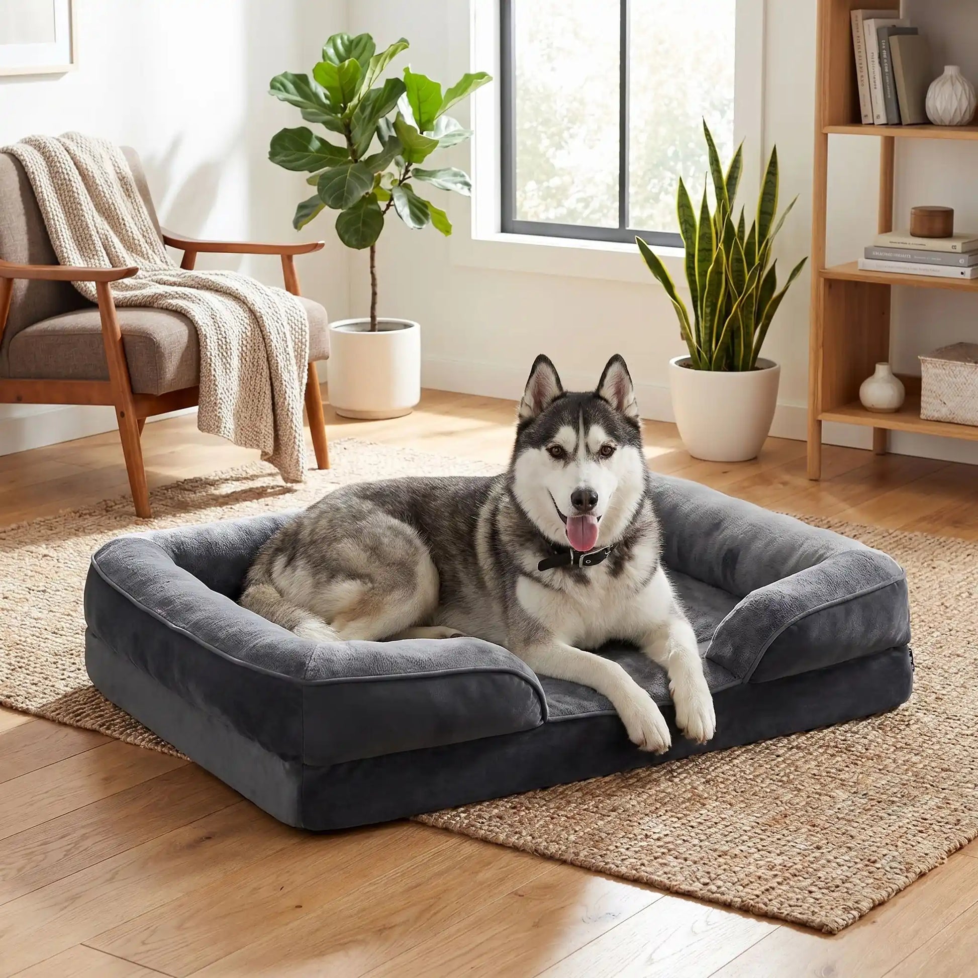 Panier orthopédique pour chien et chiot de petite à grande taille déhoussable et lavable, imperméable et antidérapant avec haut rebord rembourré avec matelas à mémoire de forme, housse en peluche douce et tissu résistant et imperméable, en 4 tailles M, L, XL et XXL pour chiot et chien de 0 à 45 kilos maximum-un chien de grande taille couché confortablement dans le panier design xxl confortable, épais,apaisant et entourant à 360° sécurisant de couleur gris foncé dans le salon moderne de la maison