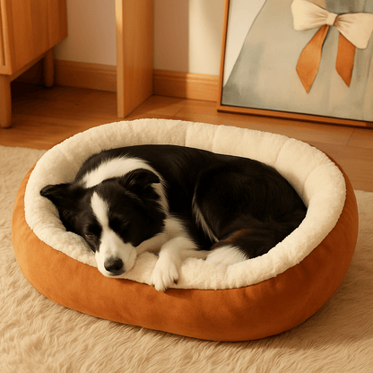 Panier-pour-chien-lavable en machine-anti-stress-rembourrage 100% coton haute densité-avec rebord entourant-antidérapant-douillet chaud et sécurisant pour petit à chien de moyenne taille-moelleux-chaud-en-peluche-résistant aux griffes-un chien moyen qui dort paisiblement sur le ventre contre l'arrondi rembourré en coton dans son lit ovale de couleur marron dans le salon de la maison