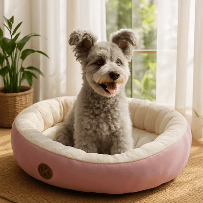 Panier-pour-chien-lavable en machine-anti-stress-rembourrage 100% coton haute densité-avec rebord entourant-antidérapant-douillet chaud et sécurisant pour petit à chien de moyenne taille-moelleux-chaud-en-peluche-résistant aux griffes-un petit chien à poils épais assis confortablement sur le ventre contre l'arrondi rembourré en coton dans son lit ovale de couleur rose dans le salon de l'appartement