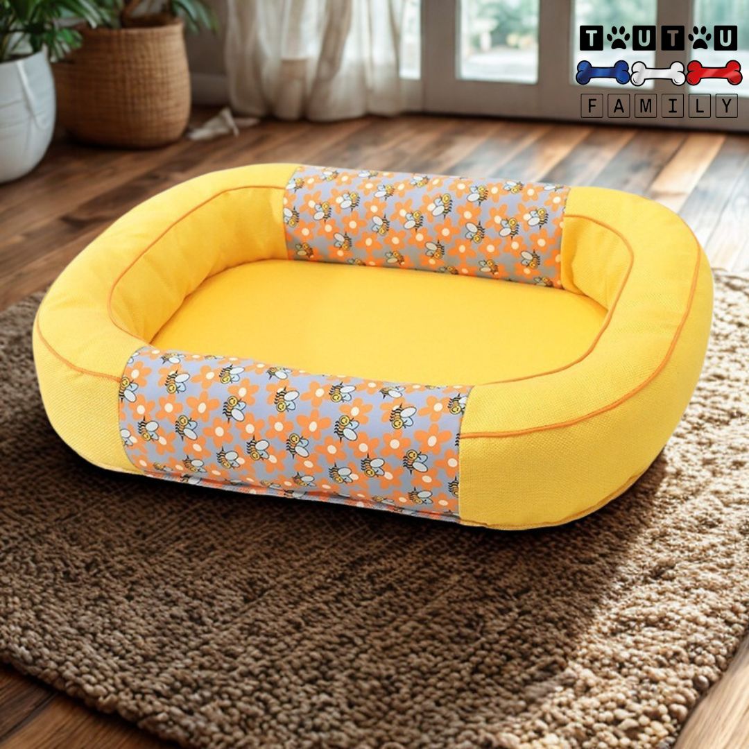 Panier-pour-chien-solide-coton-avec-coussin-100%-coton-de-couleur-jaune-avec-motif-floral-imperméable-épais-sécurisant-résistant-aux-griffes-et-morsure-anti-anxiété