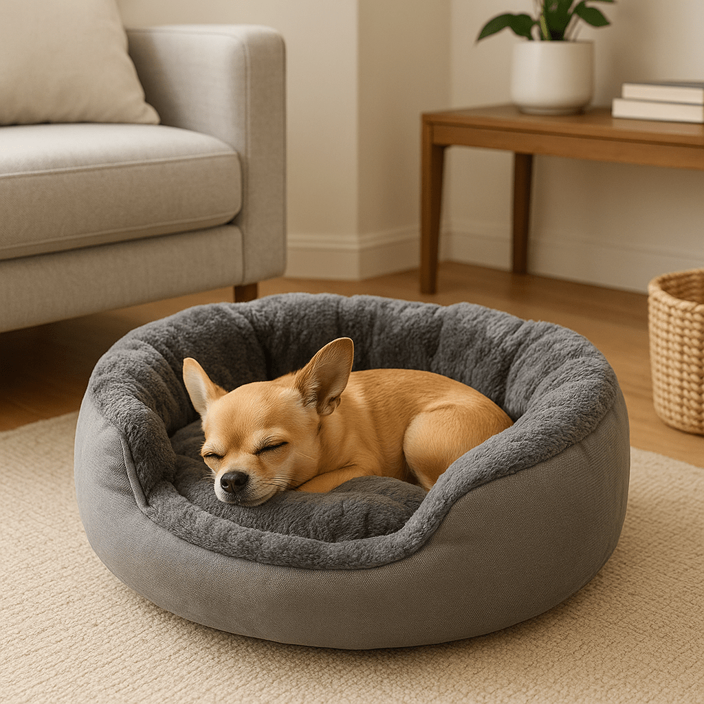 Panier-pour-chihuahua-apaisant-chaud-lavable en machine-antidérapant-100% coton haute densité avec rebord surélevé qui sole du sol froid et des courants d'air-léger et transportable-un chihuahua qui dort en boule au chaud paisiblement dans son lit rond avec entrée rabaissée sur le devant et rebord moelleux et épais dans le salon de l'appartement