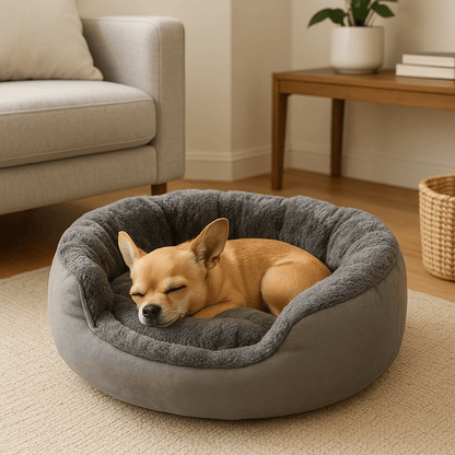 Panier-pour-chihuahua-apaisant-chaud-lavable en machine-antidérapant-100% coton haute densité avec rebord surélevé qui sole du sol froid et des courants d'air-léger et transportable-un chihuahua qui dort en boule au chaud paisiblement dans son lit rond avec entrée rabaissée sur le devant et rebord moelleux et épais dans le salon de l'appartement