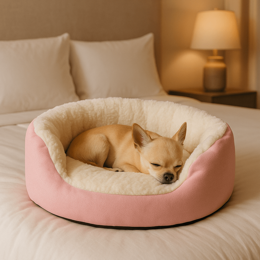 Panier-pour-chihuahua-apaisant-chaud-lavable en machine-antidérapant-100% coton haute densité avec rebord surélevé qui sole du sol froid et des courants d'air-léger et transportable-un chihuahua qui dort paisiblement dans son lit rond rose et blanc avec entrée rabaissée sur le devant moelleux et épais sur le lit de la chambre de l'appartement