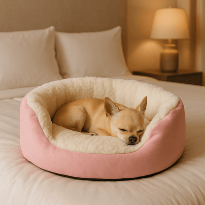 Panier-pour-chihuahua-apaisant-chaud-lavable en machine-antidérapant-100% coton haute densité avec rebord surélevé qui sole du sol froid et des courants d'air-léger et transportable-un chihuahua qui dort paisiblement dans son lit rond rose et blanc avec entrée rabaissée sur le devant moelleux et épais sur le lit de la chambre de l'appartement