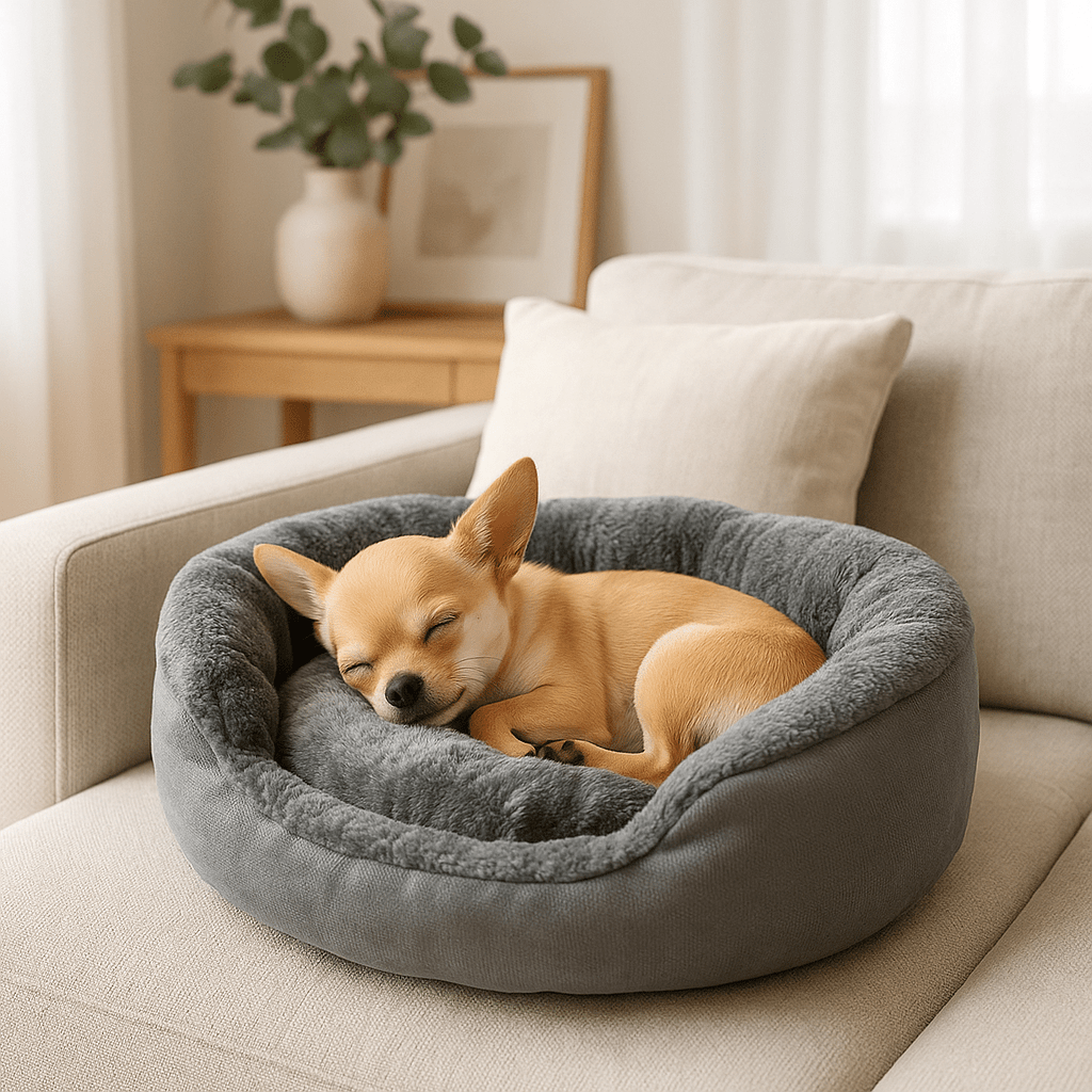 Panier-pour-chihuahua-apaisant-chaud-lavable en machine-antidérapant-100% coton haute densité avec rebord surélevé qui sole du sol froid et des courants d'air-léger et transportable-un chihuahua niché qui dort paisiblement et heureux dans son lit rond avec entrée rabaissée sur le devant moelleux et épais sur le canapé dans le salon de la maison