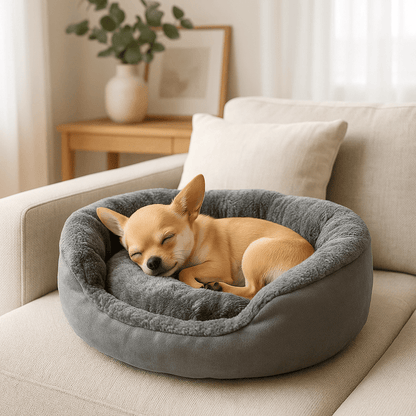 Panier-pour-chihuahua-apaisant-chaud-lavable en machine-antidérapant-100% coton haute densité avec rebord surélevé qui sole du sol froid et des courants d'air-léger et transportable-un chihuahua niché qui dort paisiblement et heureux dans son lit rond avec entrée rabaissée sur le devant moelleux et épais sur le canapé dans le salon de la maison