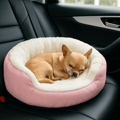 Panier-pour-chihuahua-apaisant-chaud-lavable en machine-antidérapant-100% coton haute densité avec rebord surélevé qui sole du sol froid et des courants d'air-léger et transportable-un chihuahua qui dort paisiblement dans son lit rond rose avec entrée rabaissée sur le devant moelleux et épais sur les sièges arrières de la voiture