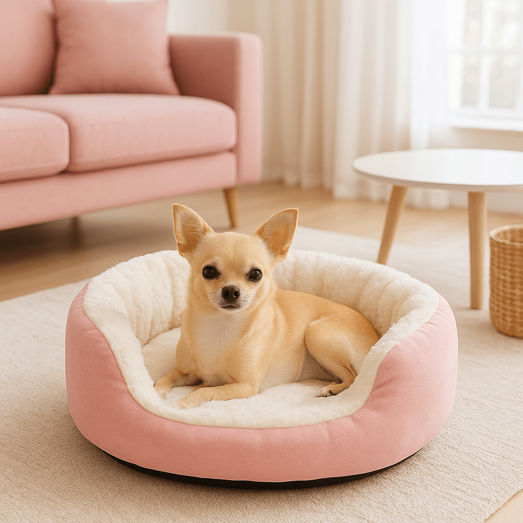 Panier-pour-chihuahua-apaisant-chaud-lavable en machine-antidérapant-100% coton haute densité avec rebord surélevé qui sole du sol froid et des courants d'air-léger et transportable-un chihuahua couché confortablement et heureux dans son lit rond rose avec entrée rabaissée sur le devant moelleux et épais dans le salon de l'appartement