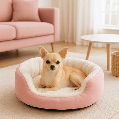 Panier-pour-chihuahua-apaisant-chaud-lavable en machine-antidérapant-100% coton haute densité avec rebord surélevé qui sole du sol froid et des courants d'air-léger et transportable-un chihuahua couché confortablement et heureux dans son lit rond rose avec entrée rabaissée sur le devant moelleux et épais dans le salon de l'appartement