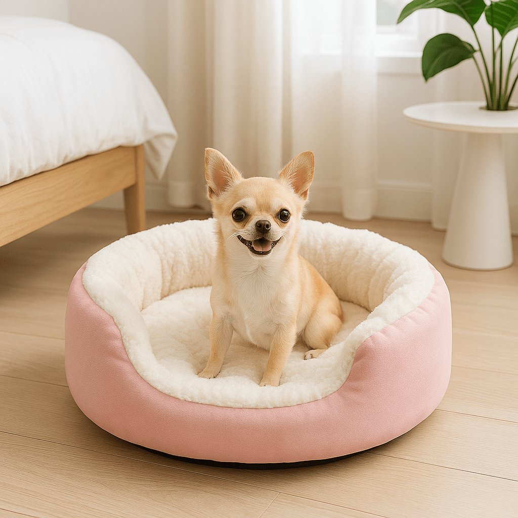 Panier-pour-chihuahua-apaisant-chaud-lavable en machine-antidérapant-100% coton haute densité avec rebord surélevé qui sole du sol froid et des courants d'air-léger et transportable-un chihuahua assis confortablement et heureux dans son lit rond avec entrée rabaissée sur le devant moelleux et épais dans la chambre de l'appartement