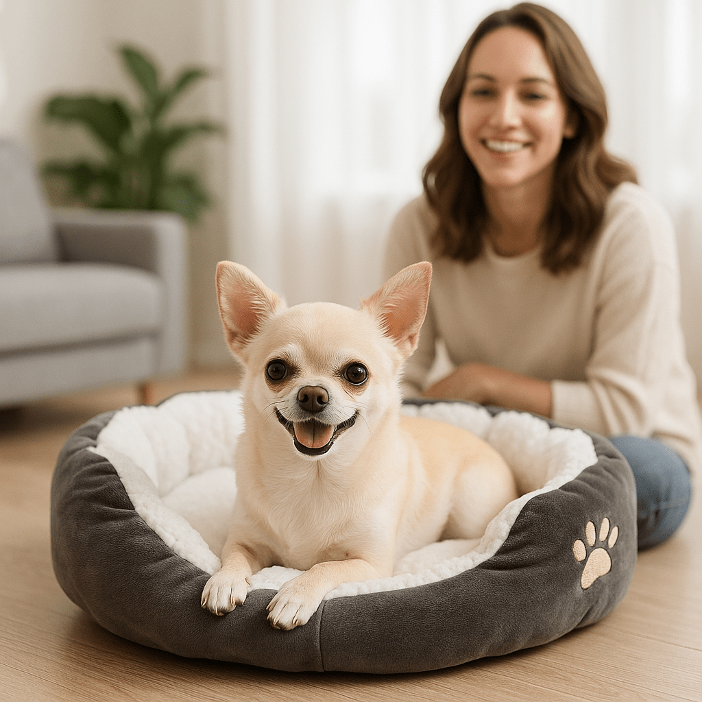Panier-pour-chihuahua-coussin-intérieur amovible-lavable en machine-antidérapant avec rebords surélevés-lit rond chaud doux et épais ergonomique-rembourrage 100% coton haute densité et velours-un chihuahua couché confortablement dans son petit panier gris et blanc rond dans le salon de l'appartement avec son maitre qui le regarde en souriant