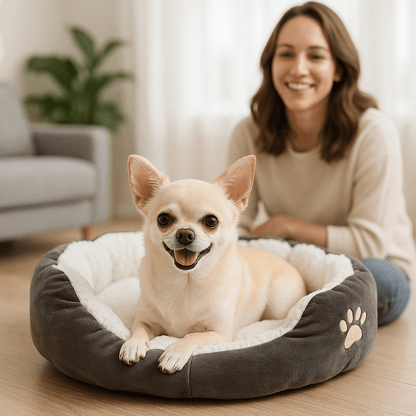 Panier-pour-chihuahua-coussin-intérieur amovible-lavable en machine-antidérapant avec rebords surélevés-lit rond chaud doux et épais ergonomique-rembourrage 100% coton haute densité et velours-un chihuahua couché confortablement dans son petit panier gris et blanc rond dans le salon de l'appartement avec son maitre qui le regarde en souriant