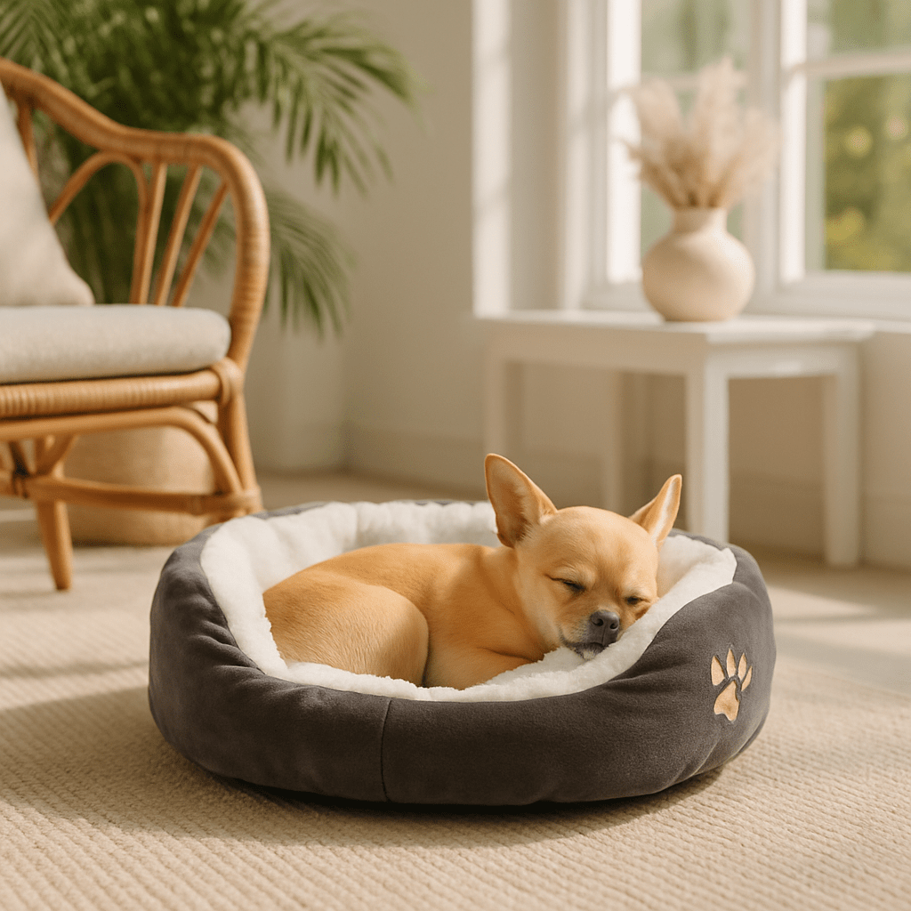 Panier-pour-chihuahua-coussin-intérieur amovible-lavable en machine-antidérapant avec rebords surélevés-lit rond chaud doux et épais ergonomique-rembourrage 100% coton haute densité et velours-un chihuahua qui dort paisiblement en boule dans son petit panier gris et blanc rond dans la véranda de la maison