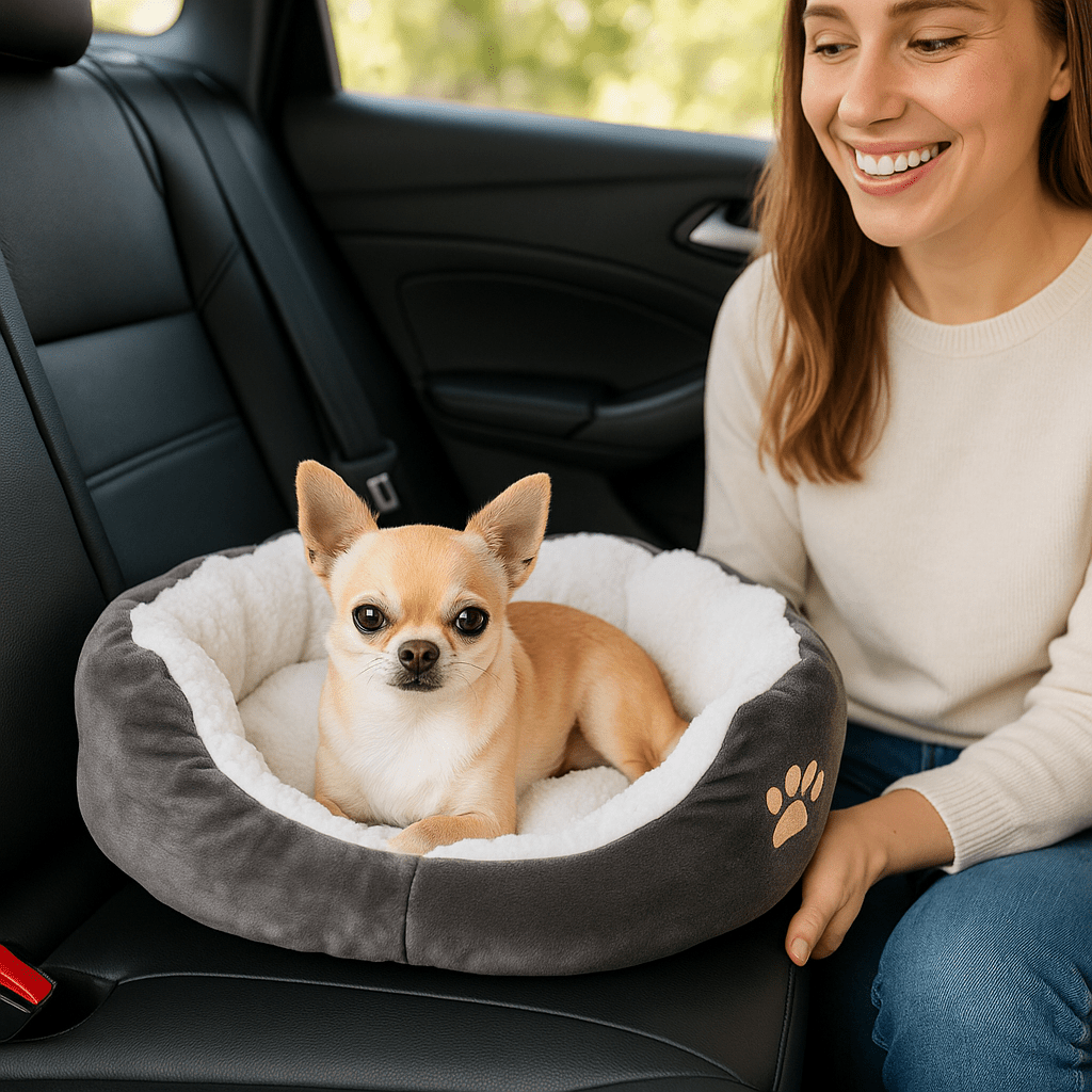 Panier-pour-chihuahua-coussin-intérieur amovible-lavable en machine-antidérapant avec rebords surélevés-lit rond chaud doux et épais ergonomique-rembourrage 100% coton haute densité et velours-un chihuahua couché confortablement dans son petit panier gris et blanc rond sur les sièges de la voiture à côté de sa maitresse