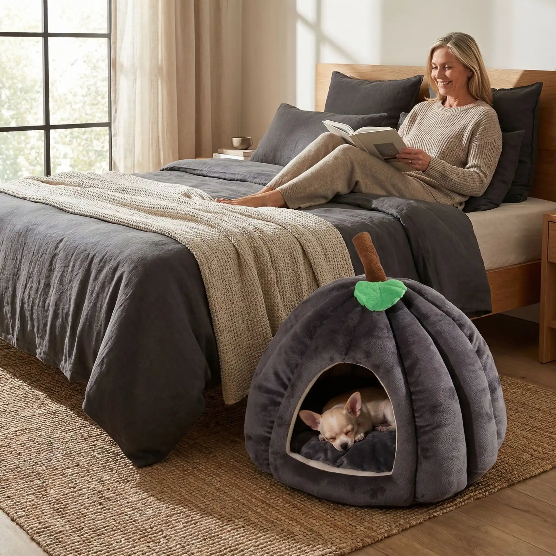 Panier-pour-chihuahua-anti-axiété design niche en forme de citrouille avec son coussin intérieur amovible ergonomique 100% coton haute densité, hypoallergénique, ultra-doux pour les peaux sensibles, enveloppant à 360° avec petite ouverture pour une entrée et sortie facile, antidérapant, protège les races sensibles du froid et des courants d'air de 0 à 2 kilos-un chihuahua qui dort paisiblement dans le panier niche à côté de sa maitresse qui lit dans son lit dans la chambre de la maison