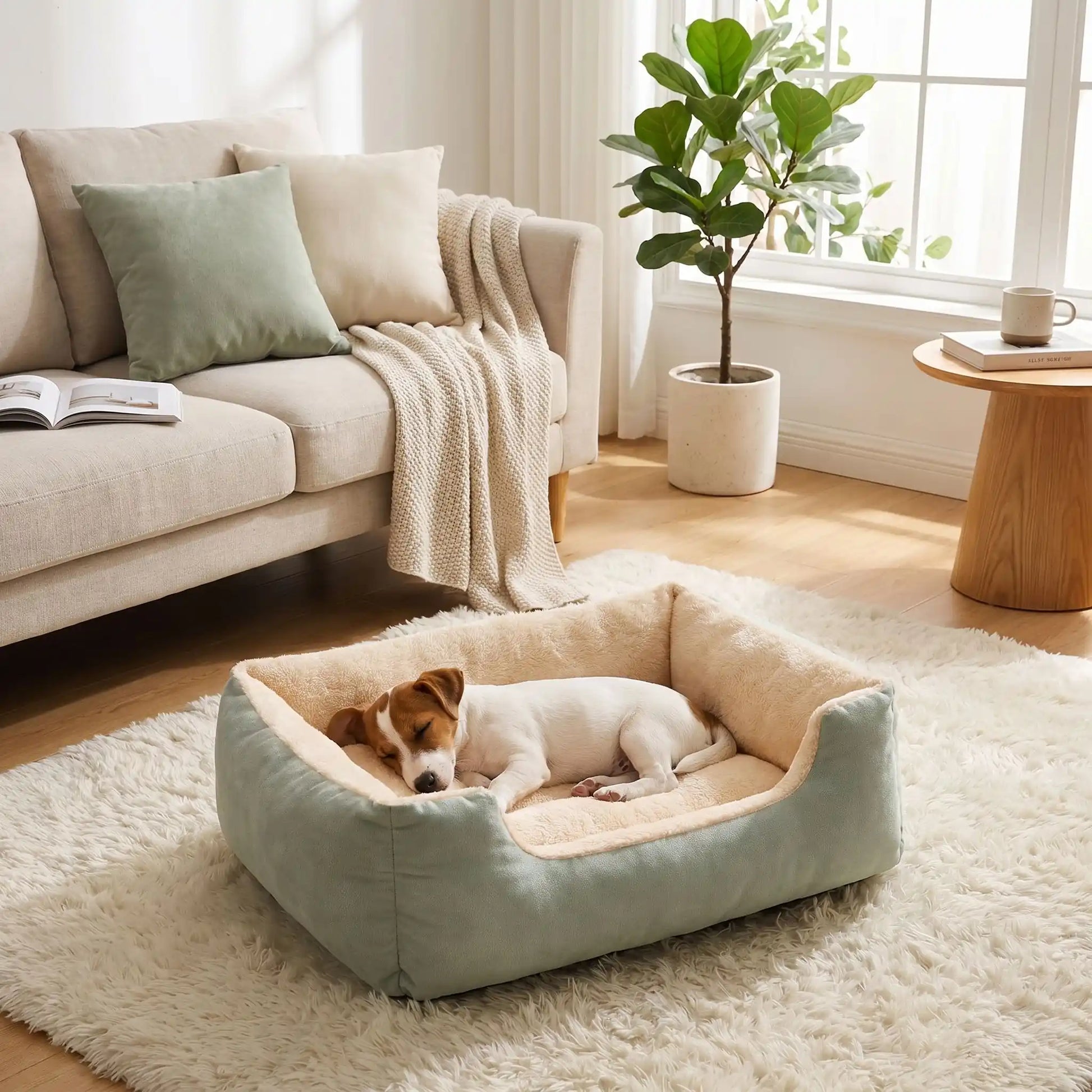 Panier-pour-chiot-confort au rembourrage 100% coton haute densité et velours doux et hypoallergénique, moelleux, douillet, chaud et respirant, avec rebord haut et surélevé, fond antidérapant et imperméable,lavable en machine ou à la main, pour chiot de 0 à 20 kg, disponible en 5 tailles du S au XXL-un chiot de race de petite taille qui dort paisiblement dans son panier doux épais et confortable comme un coussin avec rebord entourant et rassurant de couleur vert dans le salon de la maison