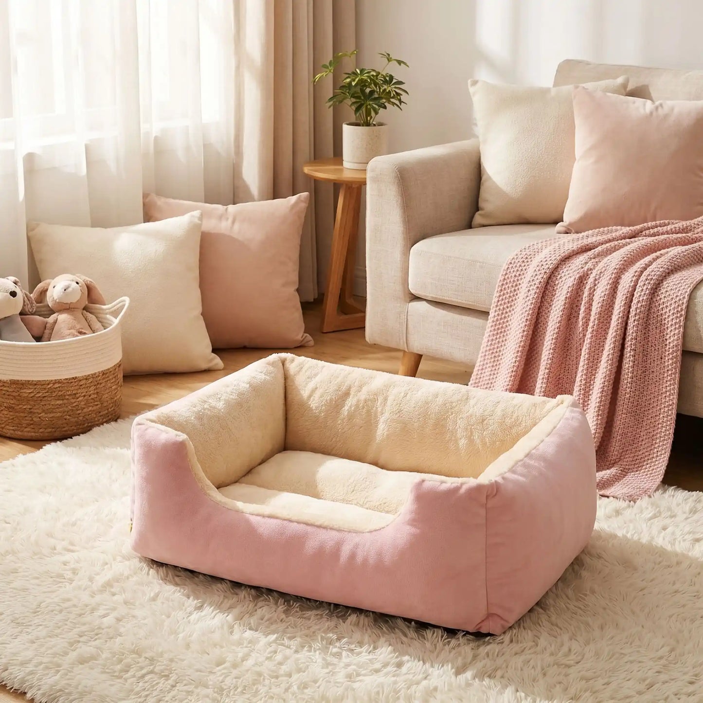 Panier-pour-chiot-confort au rembourrage 100% coton haute densité et velours doux et hypoallergénique, moelleux, douillet, chaud et respirant, avec rebord haut et surélevé, fond antidérapant et imperméable,lavable en machine ou à la main, pour chiot de 0 à 20 kg, disponible en 5 tailles du S au XXL-gros plan du panier confortable, douillet, doux, chaud et respirant pour chiot en couleur beige et rose dans le salon cosy de l'appartement