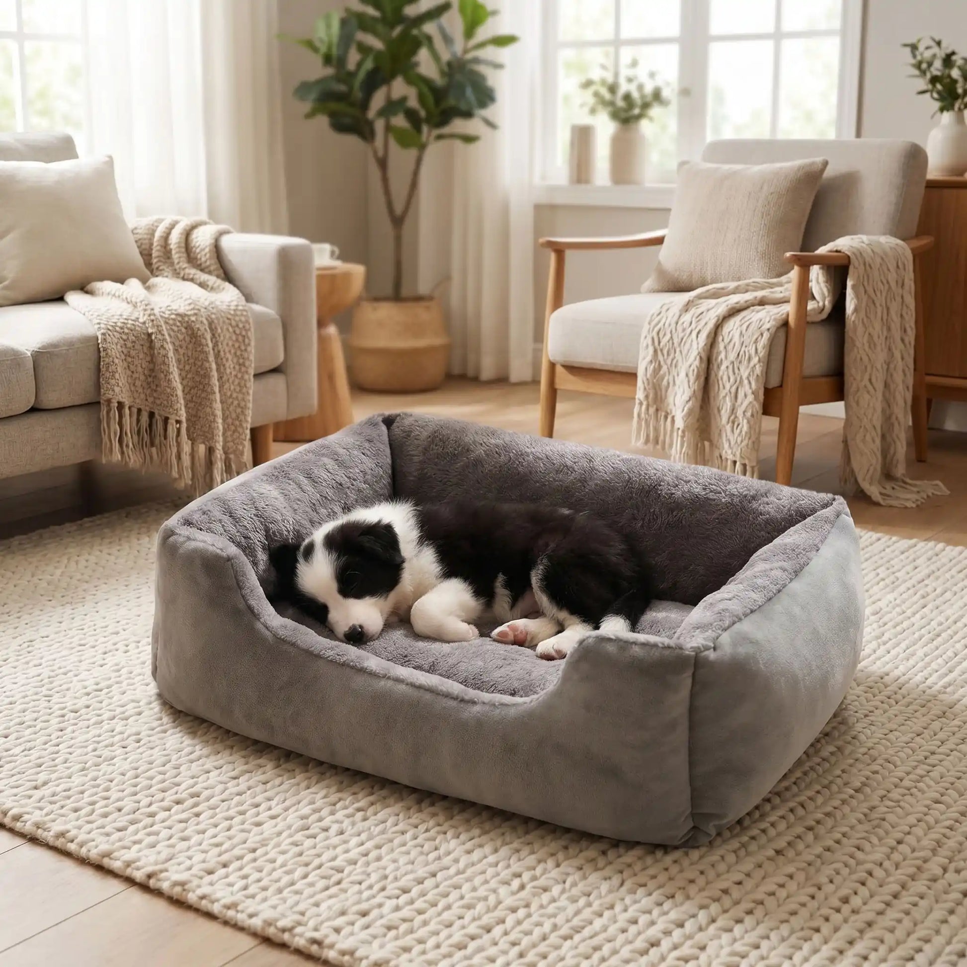 Panier-pour-chiot-confort au rembourrage 100% coton haute densité et velours doux et hypoallergénique, moelleux, douillet, chaud et respirant, avec rebord haut et surélevé, fond antidérapant et imperméable,lavable en machine ou à la main, pour chiot de 0 à 20 kg, disponible en 5 tailles du S au XXL-un chiot de race moyenne qui dort paisiblement en boule dans son panier doux épais et confortable comme un coussin avec rebord entourant et rassurant de couleur gris dans le salon de l'appartement