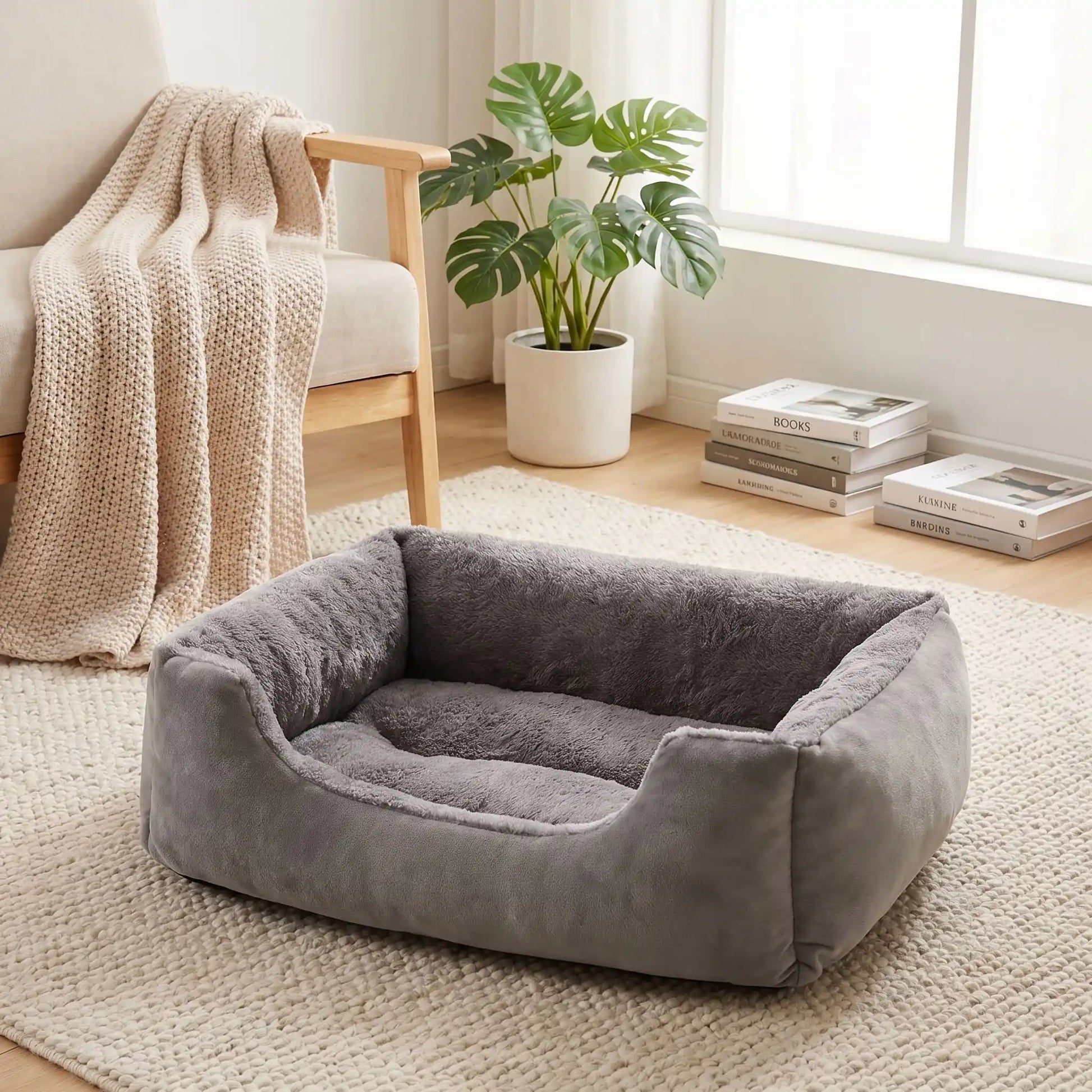 Panier-pour-chiot-confort au rembourrage 100% coton haute densité et velours doux et hypoallergénique, moelleux, douillet, chaud et respirant, avec rebord haut et surélevé, fond antidérapant et imperméable,lavable en machine ou à la main, pour chiot de 0 à 20 kg, disponible en 5 tailles du S au XXL-gros plan du panier confortable, douillet, doux, chaud et respirant pour chiot en couleur gris foncé