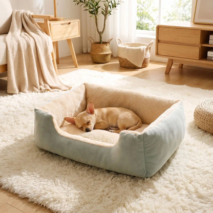 Panier-pour-chiot-confort au rembourrage 100% coton haute densité et velours doux et hypoallergénique, moelleux, douillet, chaud et respirant, avec rebord haut et surélevé, fond antidérapant et imperméable,lavable en machine ou à la main, pour chiot de 0 à 20 kg, disponible en 5 tailles du S au XXL-un chiot de petite race qui dort paisiblement dans son panier doux épais et confortable comme un coussin avec rebord entourant et rassurant de couleur vert d'eau dans le salon de l'appartement