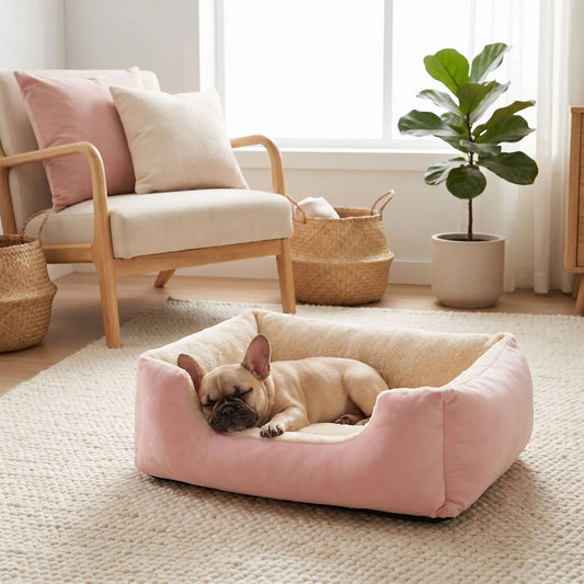 Panier-pour-chiot-confort au rembourrage 100% coton haute densité et velours doux et hypoallergénique, moelleux, douillet, chaud et respirant, avec rebord haut et surélevé, fond antidérapant et imperméable,lavable en machine ou à la main, pour chiot de 0 à 20 kg, disponible en 5 tailles du S au XXL-un chiot de  race moyenne qui dort paisiblement dans son panier doux épais et confortable comme un coussin avec rebord entourant et rassurant de couleur rose dans le salon de la maison