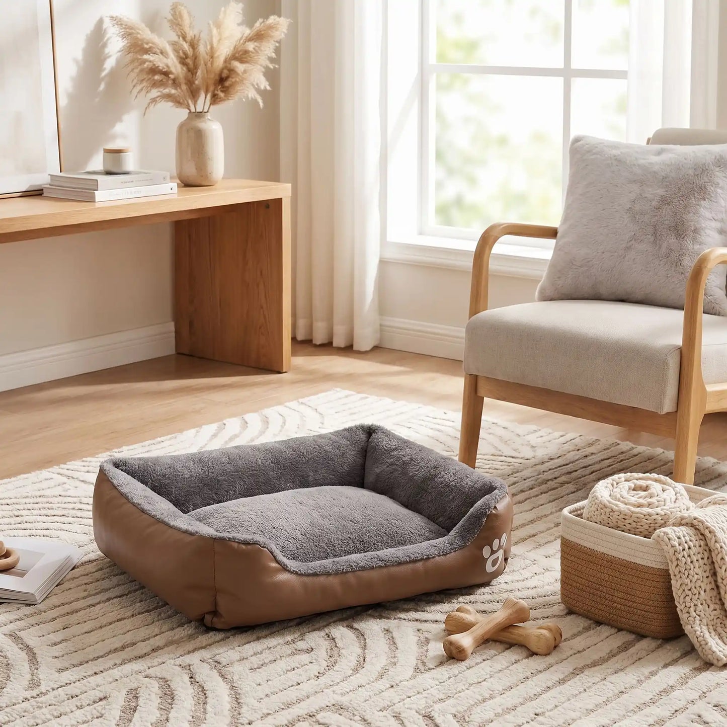 Panier-pour-chiot-douillet, intérieur en peluche ultra douce et hypoallergénique, housse en tissu résistant oxford 100% imperméable, coussin rectangulaire au rembourrage épais 100% coton haute densité, avec rebords surélevés épais et sécurisant, antidérapant et imperméable, lavable en machine, en 4 tailles de XS au L pour chiot de 0 à 20 kilos-gros plan sur le panier moelleux et ergonomique de couleur marron avec rebords surélevé et entrée abaissée et joli design d'empreinte de pattes de chien sur le côté