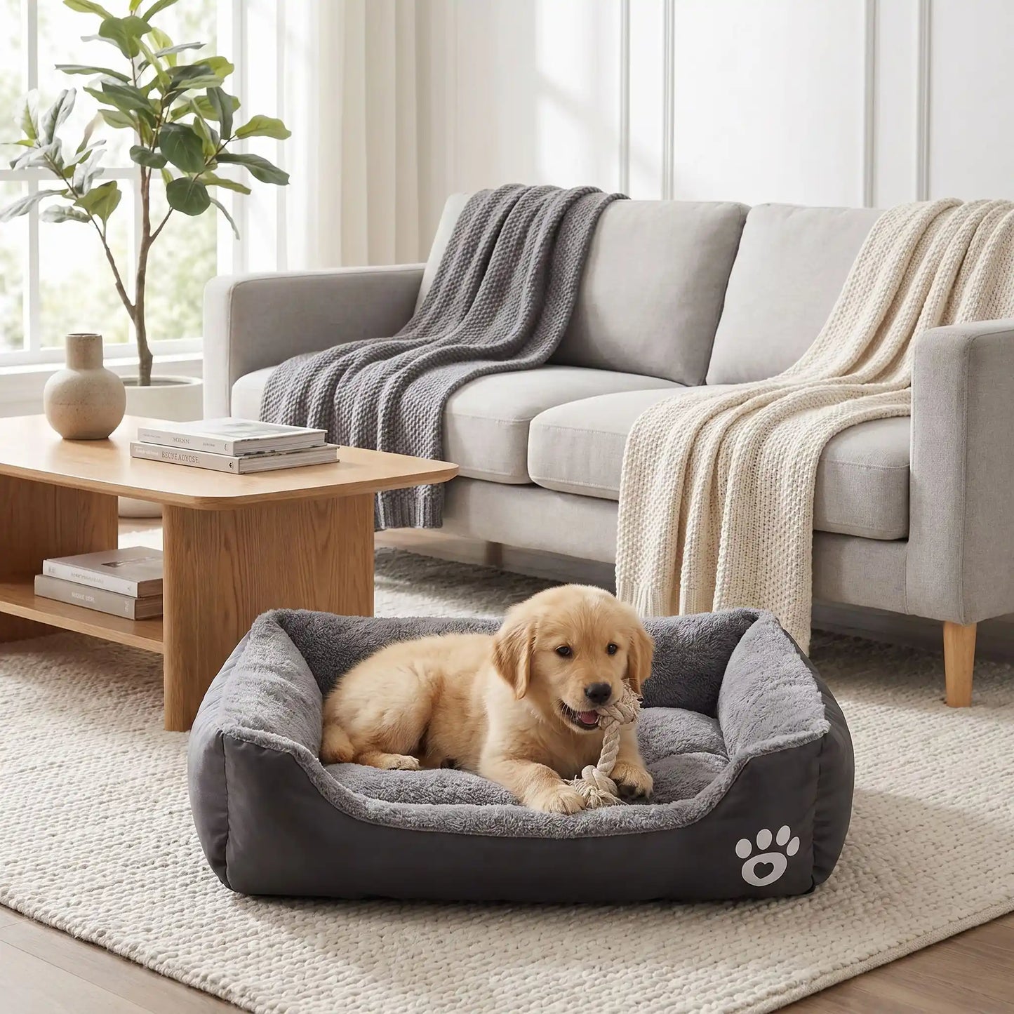 Panier-pour-chiot-douillet, intérieur en peluche ultra douce et hypoallergénique, housse en tissu résistant oxford 100% imperméable, coussin rectangulaire au rembourrage épais 100% coton haute densité, avec rebords surélevés épais et sécurisant, antidérapant et imperméable, lavable en machine, en 4 tailles de XS au L pour chiot de 0 à 20 kilos-un chiot de grande race qui mâche son jouet en corde au chaud dans son panier moelleux et ergonomique de couleur gris dans le salon de l'appartement 