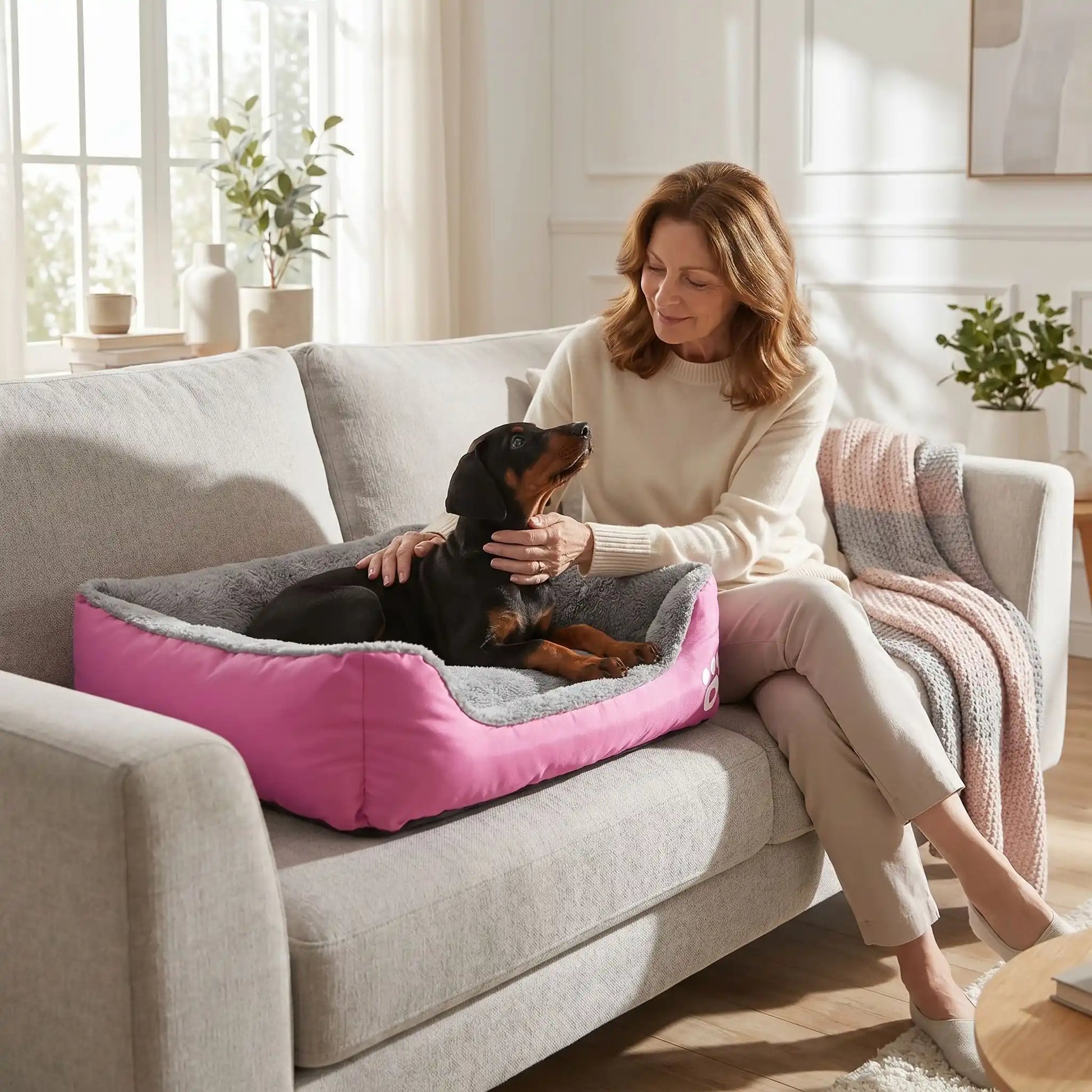 Panier-pour-chiot-douillet, intérieur en peluche ultra douce et hypoallergénique, housse en tissu résistant oxford 100% imperméable, coussin rectangulaire au rembourrage épais 100% coton haute densité, avec rebords surélevés épais et sécurisant, antidérapant et imperméable, lavable en machine, en 4 tailles de XS au L pour chiot de 0 à 20 kilos-un chiot anxieux et peureux  couché dans son panier moelleux et ergonomique rose qui se fait caresser par sa maitresse tout deux sur le canapé de l'appartement