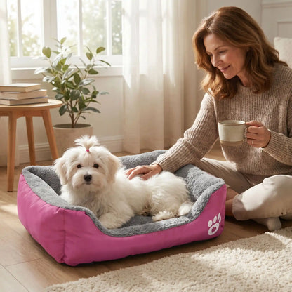 Panier-pour-chiot-douillet, intérieur en peluche ultra douce et hypoallergénique, housse en tissu résistant oxford 100% imperméable, coussin rectangulaire au rembourrage épais 100% coton haute densité, avec rebords surélevés épais et sécurisant, antidérapant et imperméable, lavable en machine, en 4 tailles de XS au L pour chiot de 0 à 20 kilos-un chiot de petite race anxieux couché dans son panier moelleux et ergonomique de couleur rose qui se fait rassurer par sa maitresse qui le caresse tendrement