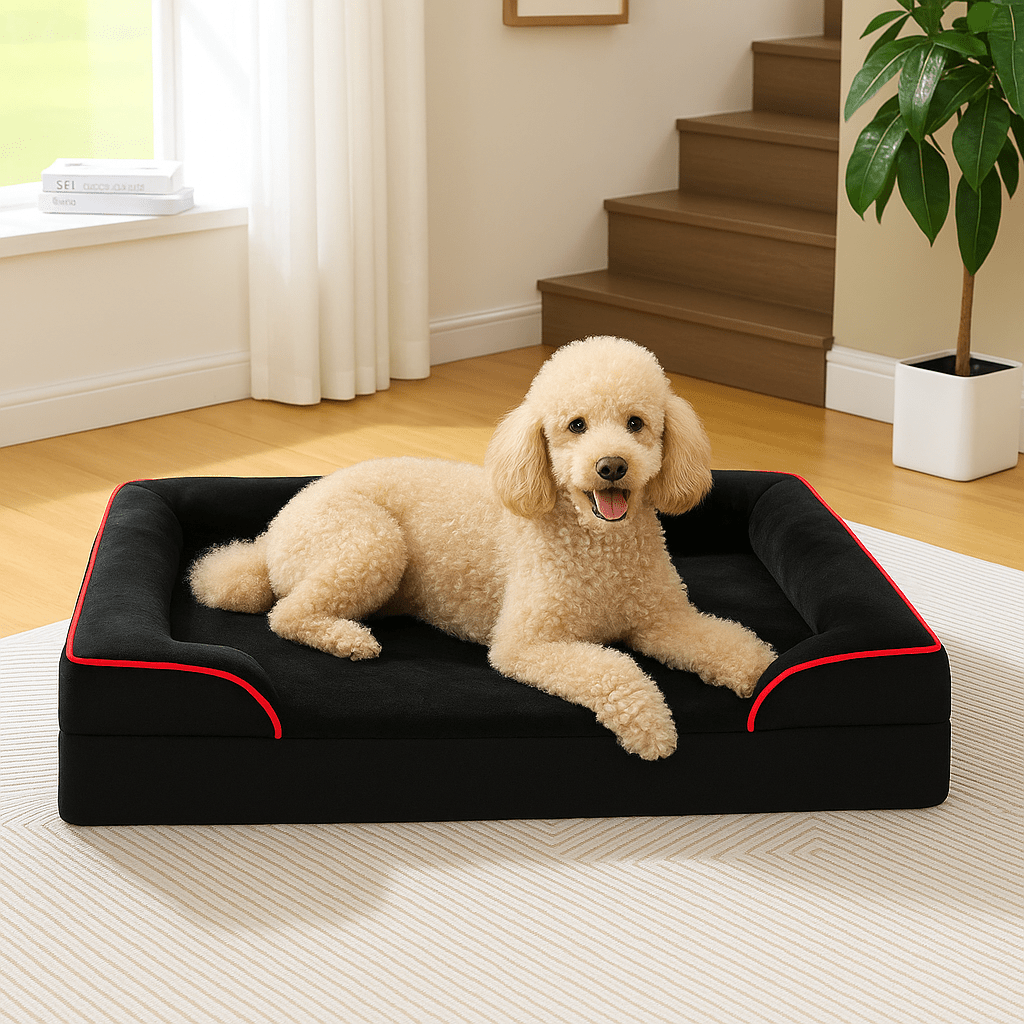 Panier-petit-chien-chiot-orthopédique-déhoussable-lavable en machine-résistant aux griffes-en velours avec matelas à mémoire de forme et traversin ergonomique intégré en coton PP et avant abaissé pour une entrée facile-pour petit chien et chiot de 0 à 10 kg max-de couleur noir-housse ultra-douce-un Caniche nain couché confortablement dans son panier design dans le salon de la maison
