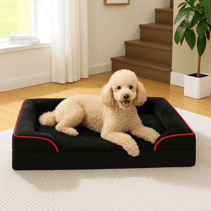 Panier-petit-chien-chiot-orthopédique-déhoussable-lavable en machine-résistant aux griffes-en velours avec matelas à mémoire de forme et traversin ergonomique intégré en coton PP et avant abaissé pour une entrée facile-pour petit chien et chiot de 0 à 10 kg max-de couleur noir-housse ultra-douce-un Caniche nain couché confortablement dans son panier design dans le salon de la maison