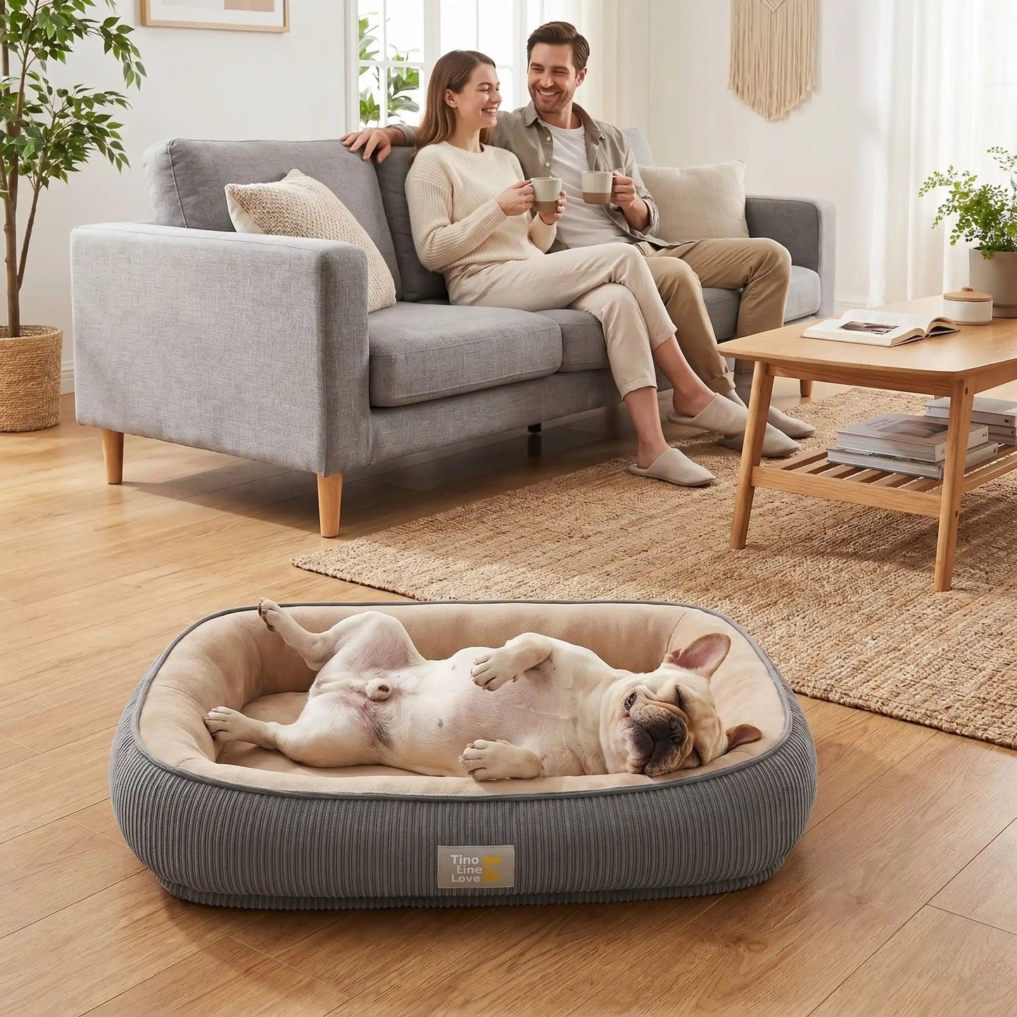 Panier-solide-pour-chien et chiot, 100% imperméable avec matelas à mémoire de forme, rembourrage 100% coton PP, coussin avec rebord cylindrique épais et entourant, housse intérieure en velours résistant aux griffes, fond antidérapant, déhoussable et lavable en machine pour chien de petite à moyenne taille de 0 à 25 kilos-un chien de taille moyenne qui dort paisiblement les pattes en l'air dans son panier ovale avec rebord surélevé au pied de ses maitres qui boivent leur café sur le canapé du salon  