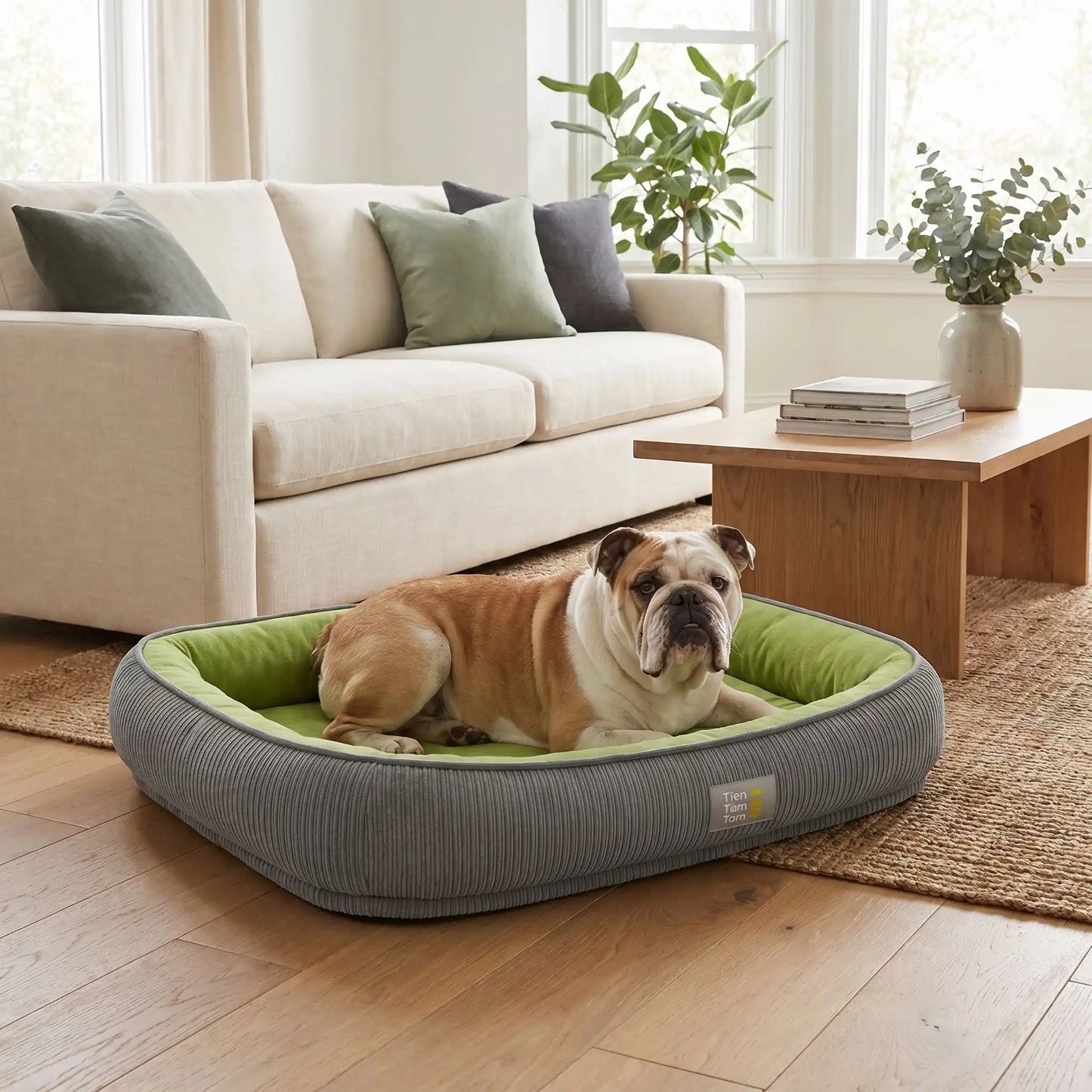 Panier-solide-pour-chien et chiot, 100% imperméable avec matelas à mémoire de forme, rembourrage 100% coton PP, coussin avec rebord cylindrique épais et entourant, housse intérieure en velours résistant aux griffes, fond antidérapant, déhoussable et lavable en machine pour chien de petite à moyenne taille de 0 à 25 kilos-un chien de moyenne taille couché confortablement dans son panier ovale  anti-stress avec rebord surélevé et apaisant avec son intérieur velours dans le salon de l'appartement