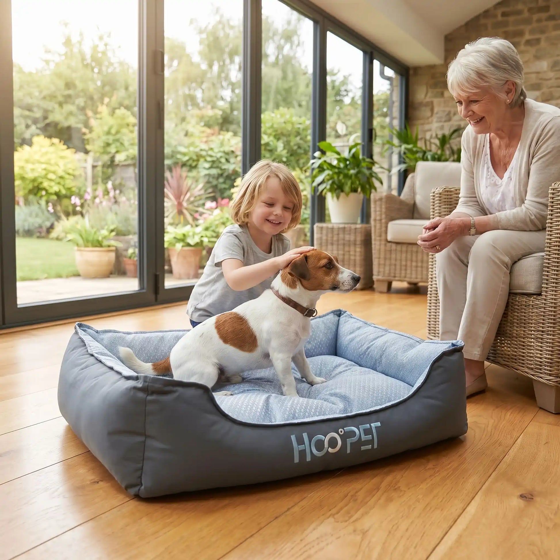 Panier-tissu-chien-chiot-solide-coussin-amovible-déhoussable lavable en machine, coussin intérieur double-face : rafraichissant en été et respirant et imperméable en hiver , rembourrage généreux 100% coton haute densité et haute résilience , rectangulaire et ergonomique et confortable, antidérapant pour chiot et chien de 0 à 15 kilos-un petit chien confortablement assis dans son panier gris et bleu moelleux et douillet qui se fait caresser par un garçon sous le regard de sa mamie dans la véranda 