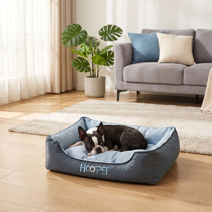 Panier-tissu-chien-chiot-solide-coussin-amovible-déhoussable lavable en machine, coussin intérieur double-face : rafraichissant en été et respirant et imperméable en hiver , rembourrage généreux 100% coton haute densité et haute résilience , rectangulaire et ergonomique et confortable pour chiot et chien de 0 à 15 kilos-un chien de race moyenne couché en boule dans son panier gris et bleu sur le coussin face rafraichissante pour l'été dans le salon de la maison