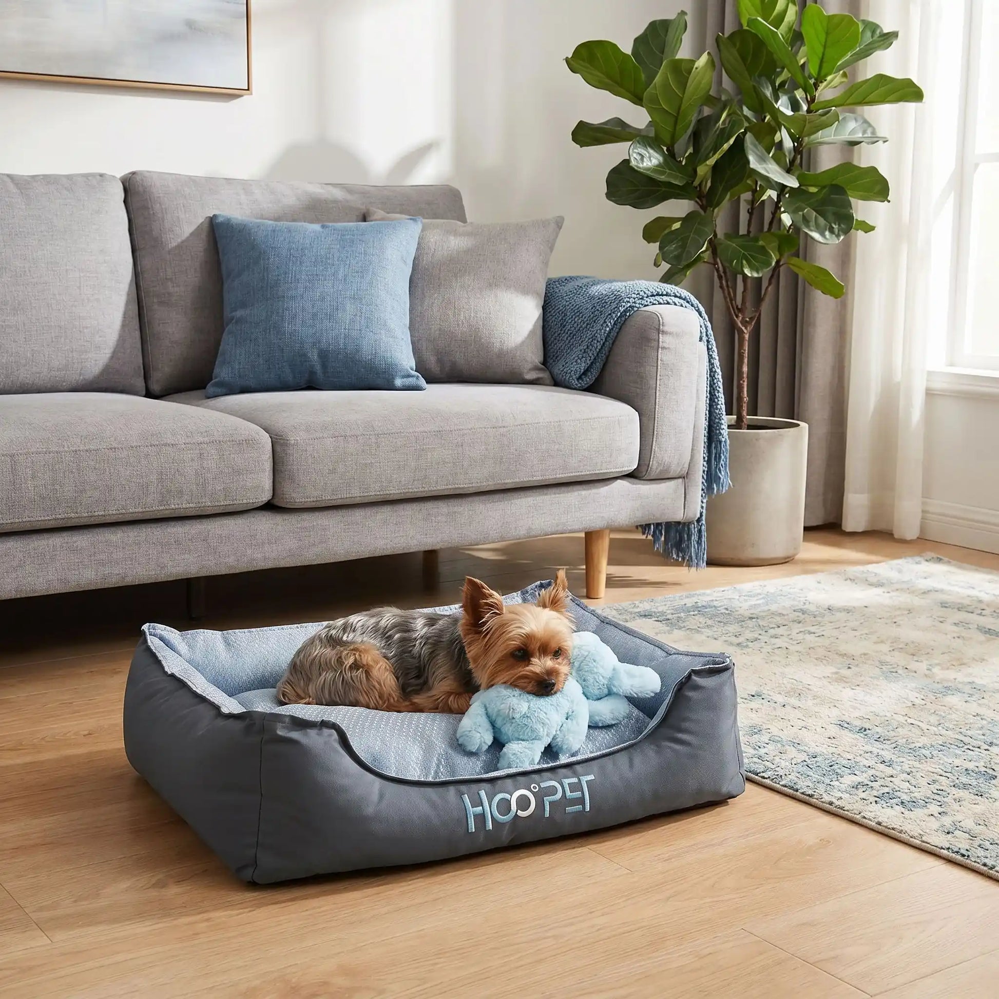Panier-tissu-chien-chiot-solide-coussin-amovible-déhoussable lavable en machine, coussin intérieur double-face : rafraichissant en été et respirant et imperméable en hiver , rembourrage généreux 100% coton haute densité et haute résilience , rectangulaire et ergonomique et confortable, antidérapant pour chiot et chien de 0 à 15 kilos-un chien de petite race couché avec sa peluche dans son panier gris et bleu sur le coussin face rafraichissante pour l'été dans le salon de la maison