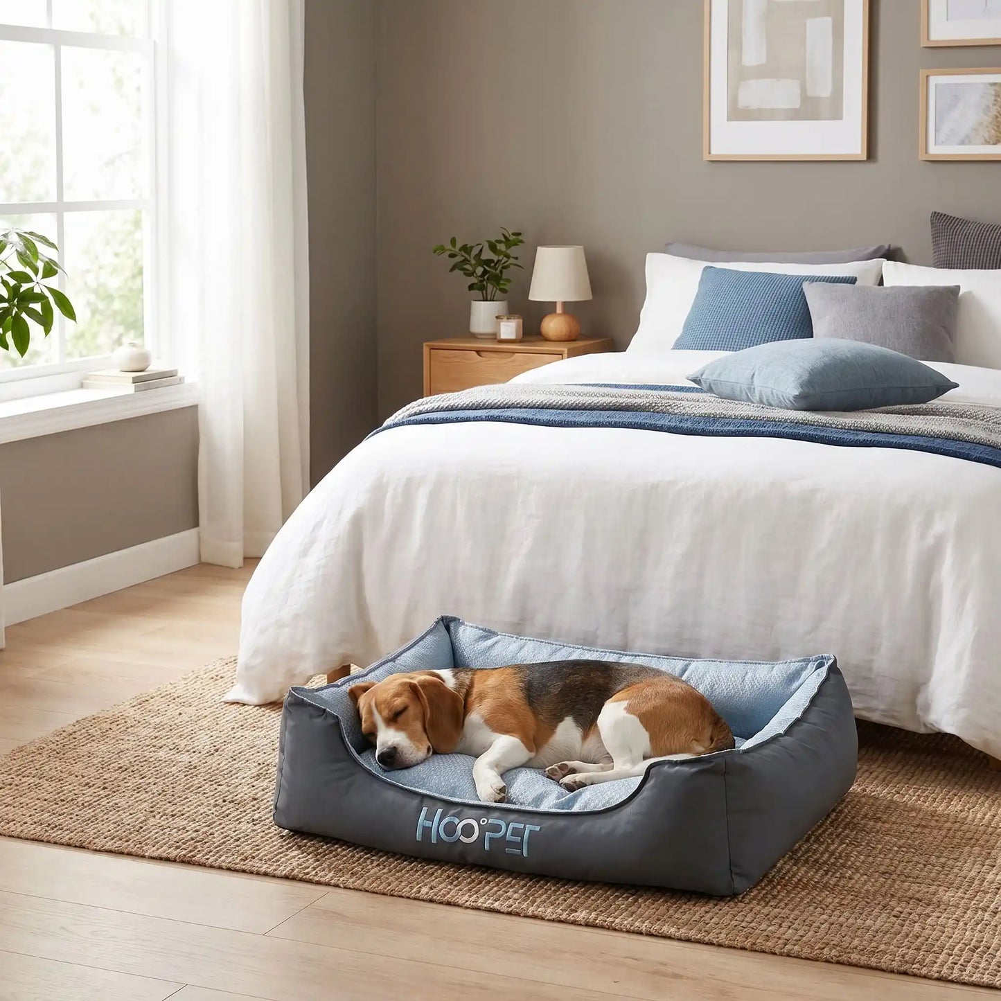 Panier-tissu-chien-chiot-solide-coussin-amovible-déhoussable lavable en machine, coussin intérieur double-face : rafraichissant en été et respirant et imperméable en hiver , rembourrage généreux 100% coton haute densité et haute résilience , rectangulaire et ergonomique et confortable, antidérapant pour chiot et chien de 0 à 15 kilos-un chien moyen qui dort paisiblement couché sur le flanc dans son panier gris et bleu moelleux et douillet au pied du lit de sa maitresse dans la chambre de la maison