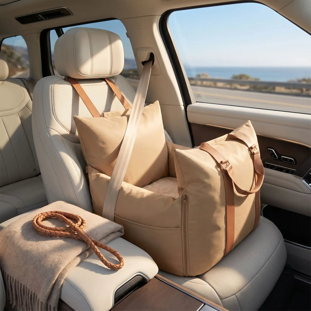 Panier-voiture-chien-chiot 2-en-1, avec ses 2 poignées de transport et sa sangle pour l'attacher facilement sur l'appuie-tête du siège, et son crochet pour attacher le chien en tout sécurité, déhoussable avec coussins à 360° au rembourrage 100% coton PP pour un cocon rassurant et sécurisant spécial chien de races naine ou toys de 0 à 3 kilos, disponible en 4 coloris-gros plan sur le panier transportable imperméable, résistant aux griffes, déhoussable et lavable en machine, antidérapant de couleur camel
