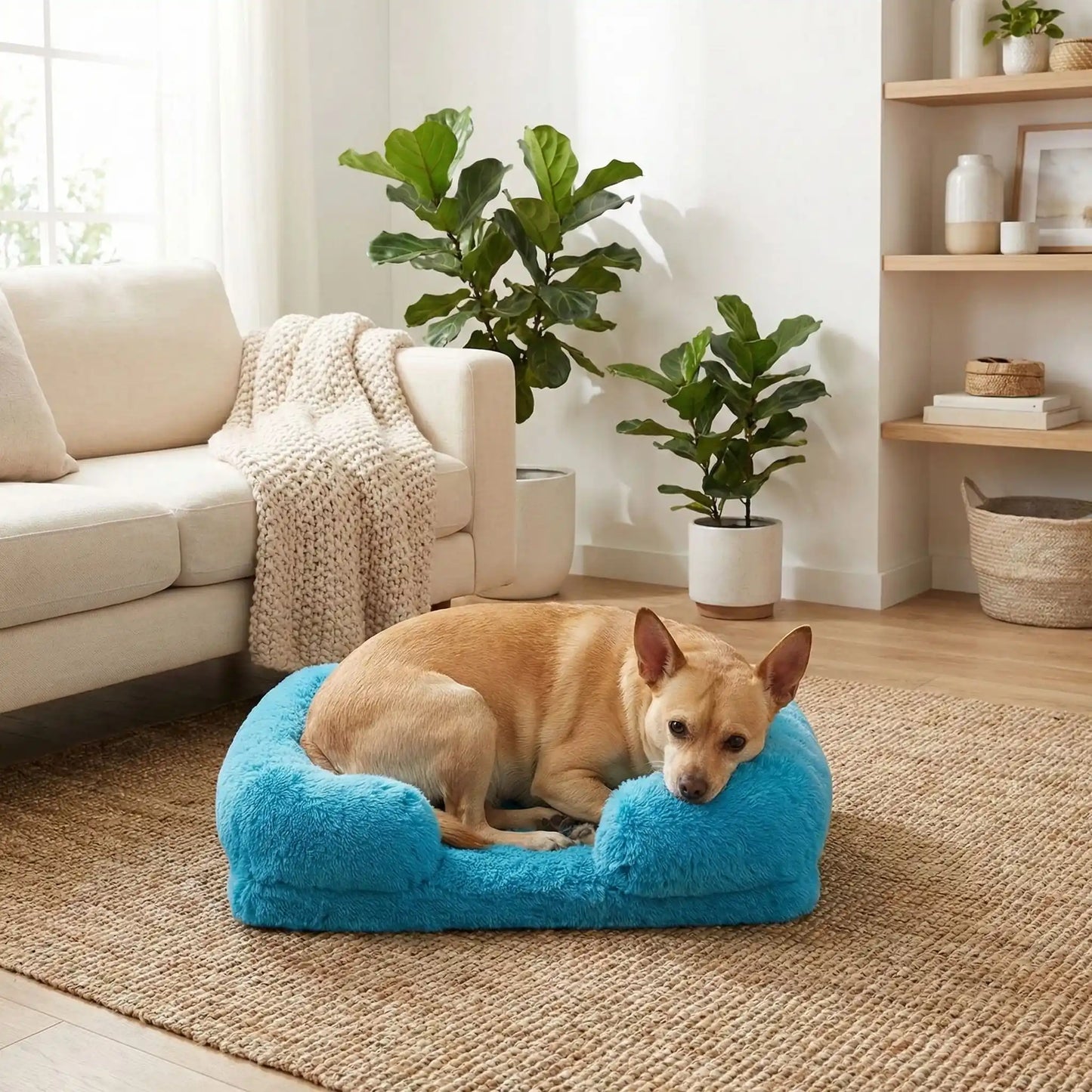 Panier_pour_petit_chien_chihuahua-déhoussable-coussin rectangulaire avec rebord surélevé en traversin qui sert d'oreiller ergonomique à 360° rembourrage 100% coton haute densité pour un effet anti stress et anti anxiété-housse en peluche ultra douce, hypoallergénique, imperméable, antidérapant et lavable en machine pour chiot et chien race naine et miniature  de 0 à 2 kg max-un chihuahua qui dort au chaud dans son panier avec rebord rembourré entourant et apaisant de couleur bleu dans le salon