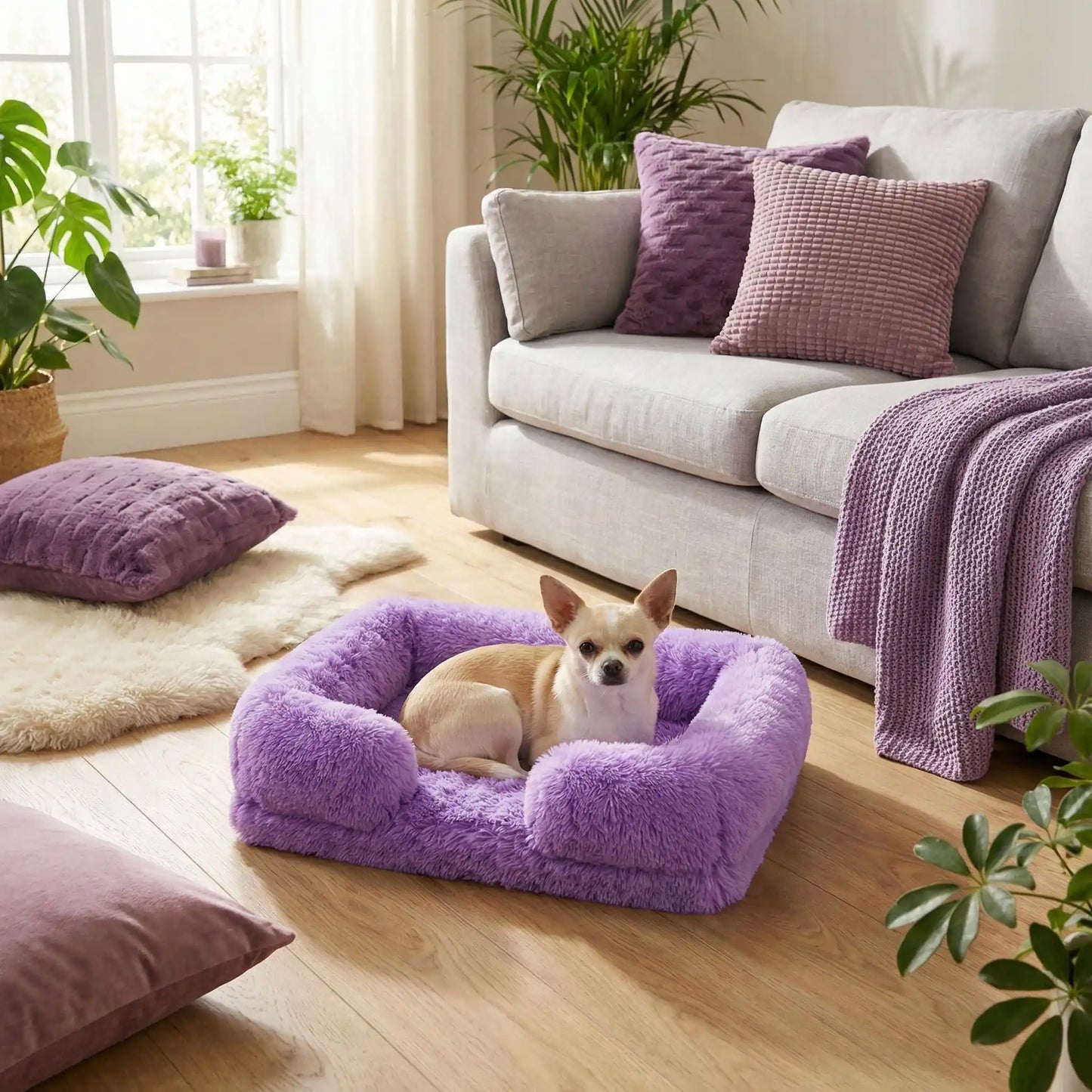 Panier_pour_petit_chien_chihuahua-déhoussable-coussin rectangulaire avec rebord surélevé en traversin qui sert d'oreiller ergonomique à 360° rembourrage 100% coton haute densité pour un effet anti stress et anti anxiété-housse en peluche ultra douce, hypoallergénique, imperméable, antidérapant et lavable en machine pour chiot et chien race naine et miniature  de 0 à 2 kg max-un chihuahua couché au chaud dans son panier avec rebord rembourré entourant et apaisant de couleur violet dans le salon