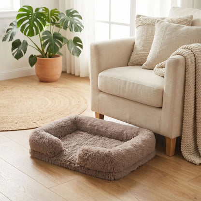 Panier_pour_petit_chien_chihuahua-déhoussable-coussin rectangulaire avec rebord surélevé en traversin qui sert d'oreiller ergonomique à 360° rembourrage 100% coton haute densité pour un effet anti stress et anti anxiété-housse en peluche ultra douce, hypoallergénique, imperméable, antidérapant et lavable en machine pour chiot et chien race naine et miniature  de 0 à 2 kg max-de couleur beige et marron
