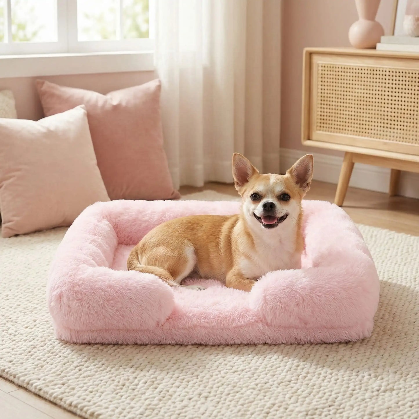 Panier_pour_petit_chien_chihuahua-déhoussable-coussin rectangulaire avec rebord surélevé en traversin qui sert d'oreiller ergonomique à 360° rembourrage 100% coton haute densité pour un effet anti stress et anti anxiété-housse en peluche ultra douce, hypoallergénique, imperméable, antidérapant et lavable en machine pour chiot et chien race naine et miniature  de 0 à 2 kg max-un chihuahua couché et heureux au chaud dans son panier avec rebord rembourré entourant et apaisant de couleur rose dans la chambre 