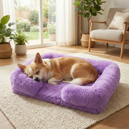 Panier_pour_petit_chien_chihuahua-déhoussable-coussin rectangulaire avec rebord surélevé en traversin qui sert d'oreiller ergonomique à 360° rembourrage 100% coton haute densité pour un effet anti stress et anti anxiété-housse en peluche ultra douce, hypoallergénique, imperméable, antidérapant et lavable en machine pour chiot et chien race naine et miniature  de 0 à 2 kg max-un chihuahua qui dort au chaud dans son panier orthopédique avec rebord rembourré entourant et apaisant de couleur mauve dans le salon